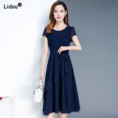 High Street Chiffon Fashion Pullover Dresses O-Neck Empire Solid Women's Clothing 2022 New Popularity Spring Autumn Silky Trend