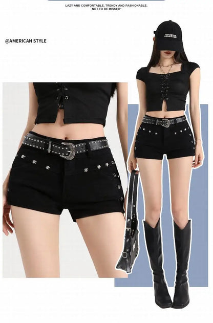 Summer Y2k Sexy Low Waist Mini Denim Shorts Women Vintage Korean Popular Girls Slight Strech Streetwear Gothic Rivet Black Jeans