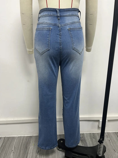 Ripped Jeans for Women Straight Pants Diamonds Chain Stretch Distressed High Waist Floor Length 2025 Streetwear Denim Trousers