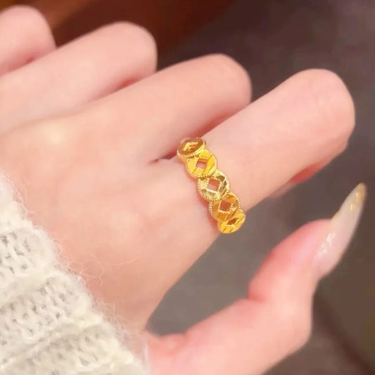 Women's Coin Open Ring, 24K Gold, AU999 | "Stability" engraving with square-hole motifs, subtle professional elegance.