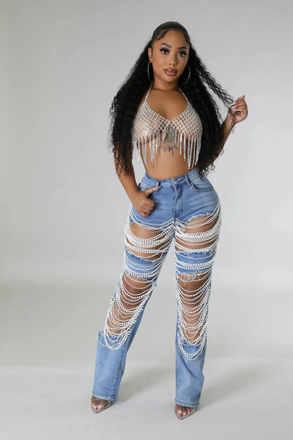 Ripped Jeans for Women Straight Pants Diamonds Chain Stretch Distressed High Waist Floor Length 2025 Streetwear Denim Trousers