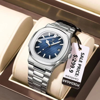 POEDAGAR Square Luxury Men Wristwatch Waterproof Luminous Date Stainless Steel Male Clock Business Sports Quartz Watches For Men