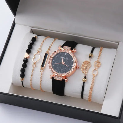 6PCS Set Watch For Women Luxury Leather Analog Ladies Quartz Wrist Watch Fashion Bracelet Watch Set Female Relogio Feminino