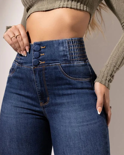 Sister Star Spring Women's New Elastic Waist Head High-waisted Button Stretch Slim Wide-legged Tencel Breathable Long Jeans