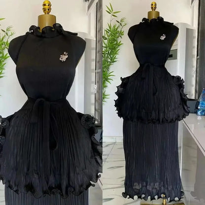 Miyake Pleated Dress Women Round Neck Sleeveless Solid Color Loos Style Patchwork New Tide 2025 Dresses