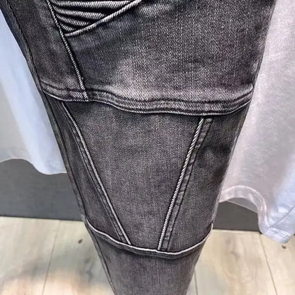 2025 New Autumn Winter Black Grey Men's High-End Motorcycle Long Pants Slim Patchwork Fold Designer Pencil Pants Casual Jeans