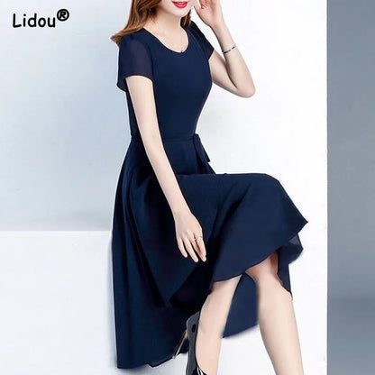 High Street Chiffon Fashion Pullover Dresses O-Neck Empire Solid Women's Clothing 2022 New Popularity Spring Autumn Silky Trend