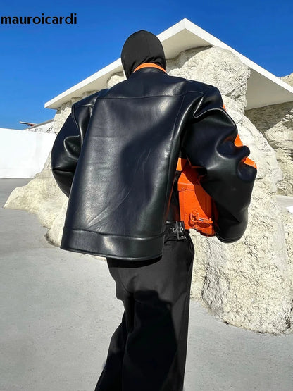 Mauroicardi Spring Autumn Cool Loose Orange and Black Color Block Faux Leather Jacket Men Luxury Designer Zip Up Clothes 2023