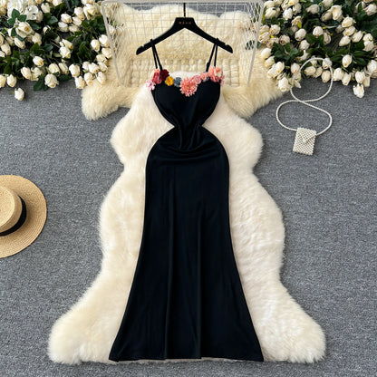 sweet sleeveless Three-dimensional flower slip Dress Chic Elegant Vestidos Vintage party Women Fashion pencil dresses