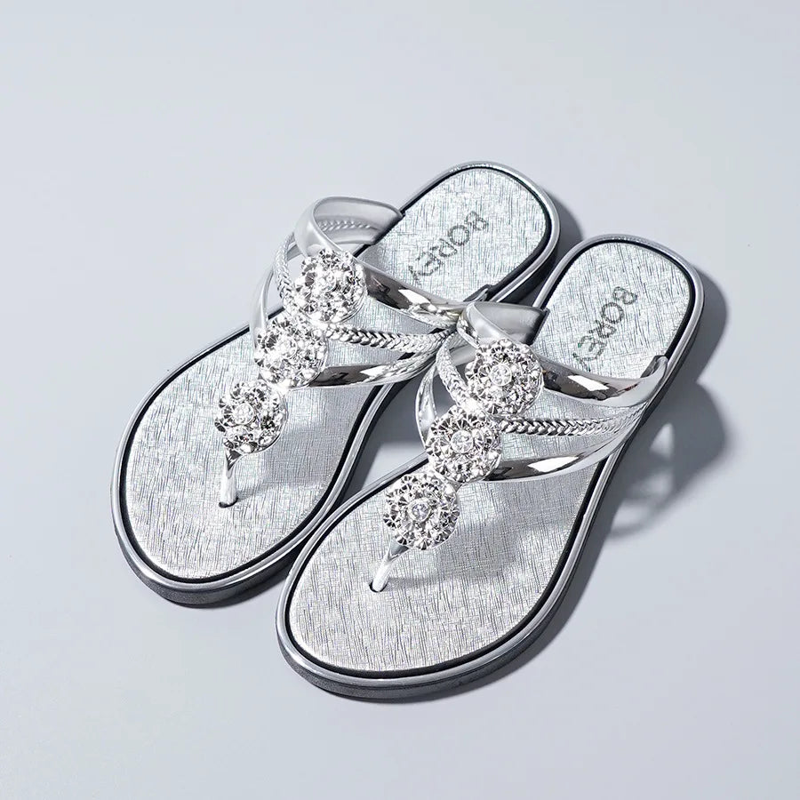 "Women's Flip-Flop Sandals with Rhinestones Beach Casual Slides for Outdoor Wear, Flat Soles and Toe-Post Slippers for Summer"