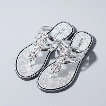 "Women's Flip-Flop Sandals with Rhinestones Beach Casual Slides for Outdoor Wear, Flat Soles and Toe-Post Slippers for Summer"