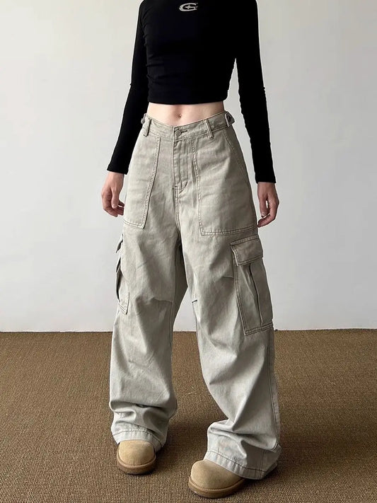 American Retro Multi-pocket Cargo Jeans With Big Pocket Do Old and Washed Jeans Denim Trousers Women Baggy Pants Y2k Clothing