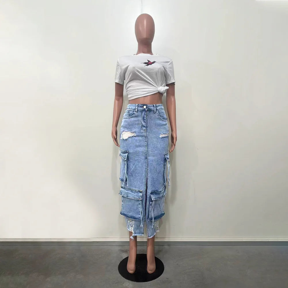 Mid Length Skirts Women Denim Skirt Hole Pockets A Line Slit Slim Y2k Streetwear Elegant Splice Y2k High Waist Summer 2025