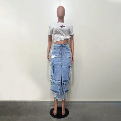 Mid Length Skirts Women Denim Skirt Hole Pockets A Line Slit Slim Y2k Streetwear Elegant Splice Y2k High Waist Summer 2025