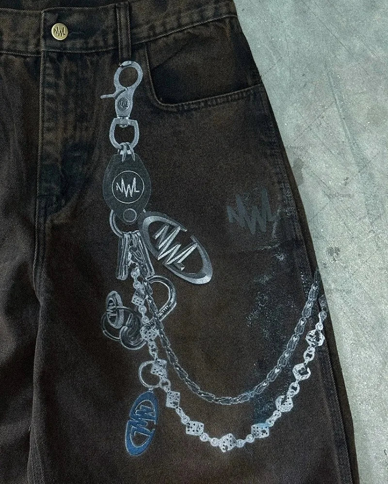 Hip-hop Harajuku Chain 3D Printed Graphic Jeans Men Gothic Y2K Streetwear Straight Trousers Women Trendy Wide-leg Scimitar Pants
