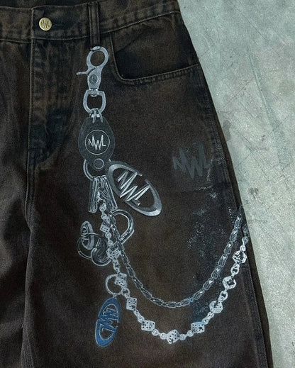 Hip-hop Harajuku Chain 3D Printed Graphic Jeans Men Gothic Y2K Streetwear Straight Trousers Women Trendy Wide-leg Scimitar Pants