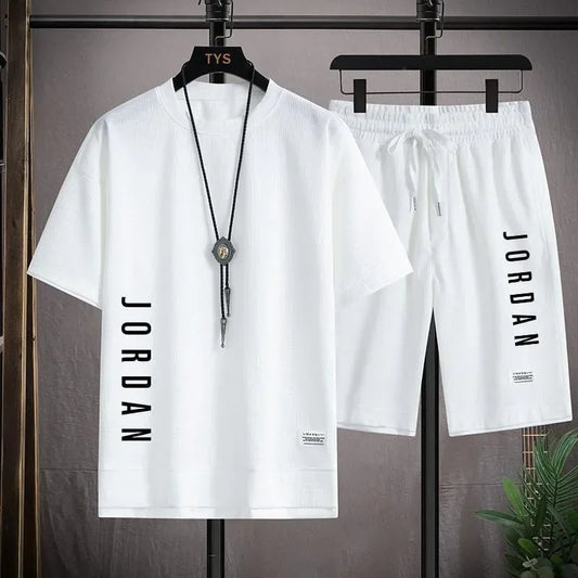 2025 summer fashion loose short sleeve casual T-shirt + shorts two-piece men's breathable fast drying fitness jogging suit