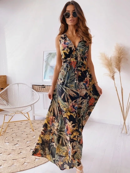 Women's Summer New Fashionable Printed Sexy V-neck Sleeveless Bareback Strap With Waist Drawstring Casual Loose Long Dress