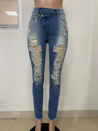 CM.YAYA Denim Pants Women Retro Sexy Hole Hollow Out Jeans Ripped out Pencil Trousers 2024 Street Skinny High Waist Lady Pant