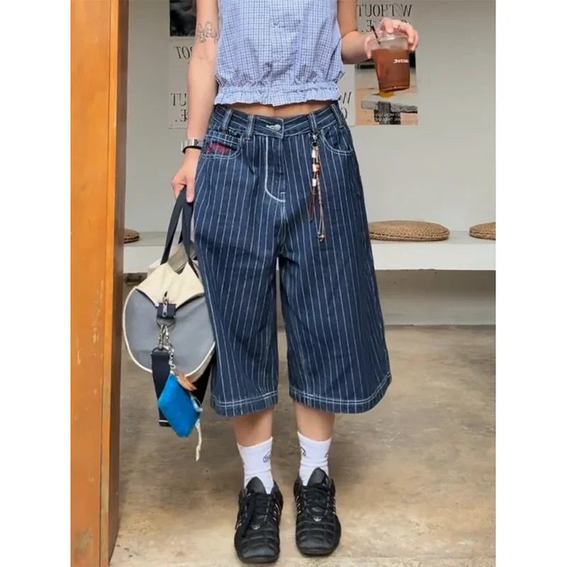Harajuku Y2k Women's Light Blue Calf Length Cargo Jeans Baggy Denim Trousers Japanese 2000s Oversize Jean Pants Vintage Clothes