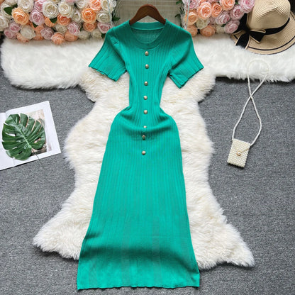 YuooMuoo 2025 Summer Women Knitted Long Dress Brand Fashion O-neck Buttons Bodycon Sweater Dress Elegant Lady Office Vestidos