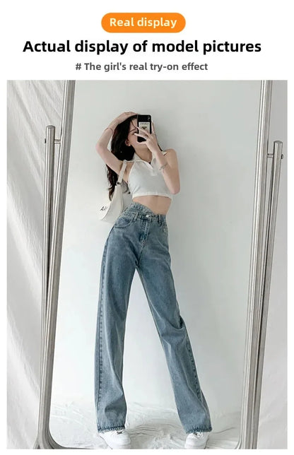 Design Sensibility High-Waisted Slimming Jeans Loose-Fit Straight-Leg Women's Korean Style Tie-Detail Wide-Leg Casual Trousers