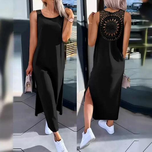 Spring Summer New Women's Clothing Solid Color V-neck Vest Back Lace Cutout Slit Casual Dress