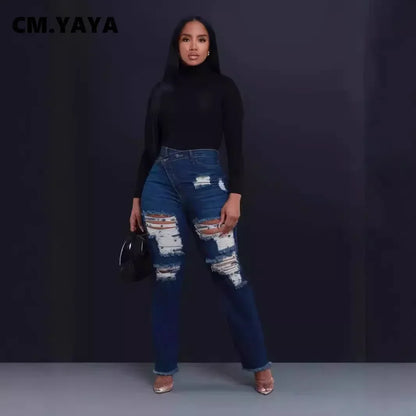 CM.YAYA Denim Pants Women Retro Sexy Hole Hollow Out Jeans Ripped out Pencil Trousers 2024 Street Skinny High Waist Lady Pant