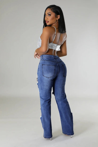Ripped Jeans for Women Straight Pants Diamonds Chain Stretch Distressed High Waist Floor Length 2025 Streetwear Denim Trousers