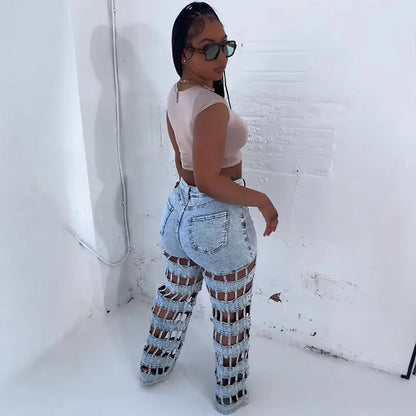 Denim Pant Women Jeans Long Pants Hollow Out High Waist Straight Mom Trousers Y2k Streetwear Elegant Splice Hole Casual Work