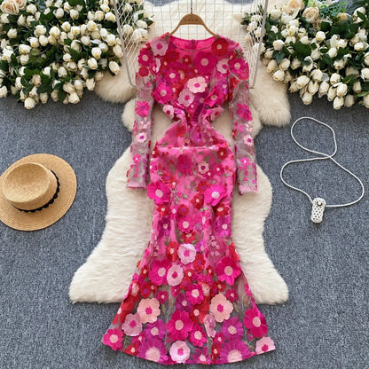 Elegant Three-dimensional Floral Embroidered Chic Long Sleeves Slim Mermaid Dresses Evening French High Street Women Clothing