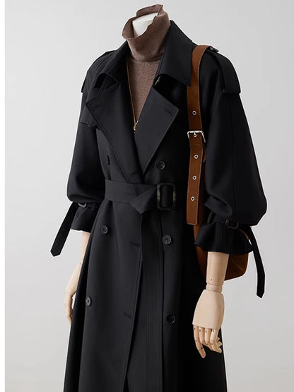 Lautaro Spring Autumn Oversized Khaki Long Trench Coat for Women Double Breasted Loose Casual Black Korean Fashion Overcoat 2025