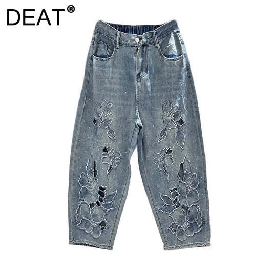 DEAT Women's Jeans Elastic Waist Hot Diamonds Flowers Hollow Out Denim Ankle-Length Harem Pants 2025 New Fashion Summer 29A1739