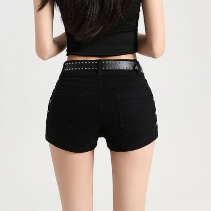 Summer Y2k Sexy Low Waist Mini Denim Shorts Women Vintage Korean Popular Girls Slight Strech Streetwear Gothic Rivet Black Jeans