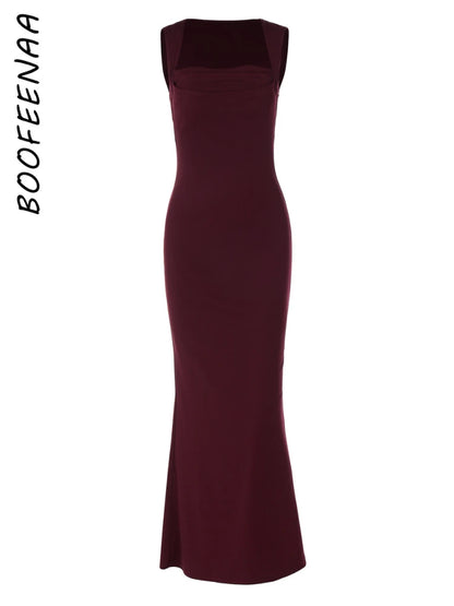 BOOFEENAA Square Neck Sleeveless Fishtail Maxi Dress Party Night Elegant Black Dresses Woman Luxury High Quality C70-CZ32