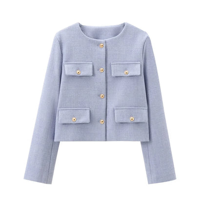 UNIZERA Winter New Product Women's Fashion and Casual Versatile Round Neck Flip Decoration Short Suit Coat