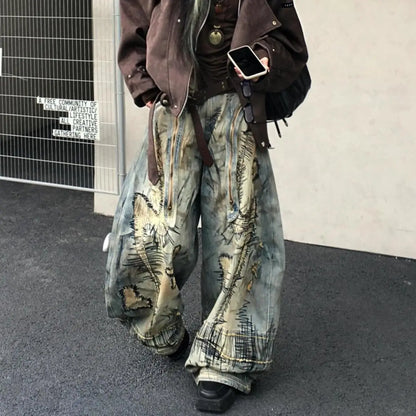 Casual Y2K Washed Retro Denim Trouser American Grunge Full Length Street Jean Women's Emo Pockets Hip-hop Baggy Mop Pants