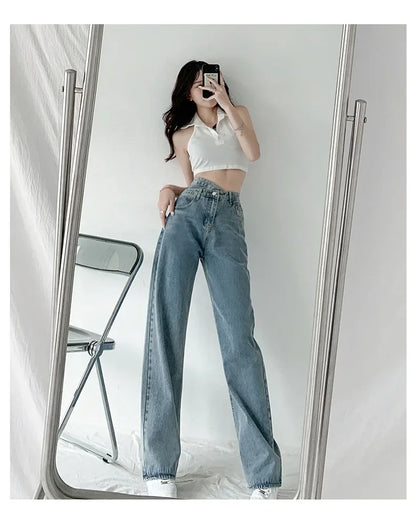 Design Sensibility High-Waisted Slimming Jeans Loose-Fit Straight-Leg Women's Korean Style Tie-Detail Wide-Leg Casual Trousers
