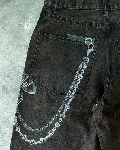 Hip-hop Harajuku Chain 3D Printed Graphic Jeans Men Gothic Y2K Streetwear Straight Trousers Women Trendy Wide-leg Scimitar Pants