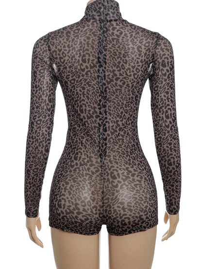 Weird Puss Leopard Print Romper Women See Through Sexy Full Sleeve Turtleneck Fall Fit Skinny Playsuit Stretch Midnight Clubwear