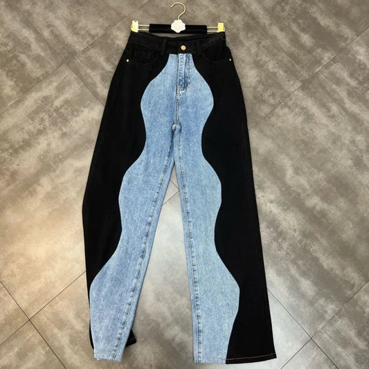 PREPOMP 2022 Summer New Arrivals Blue Denim Patchwork Long Pants Women Full Length Jeans Streetwear GF672