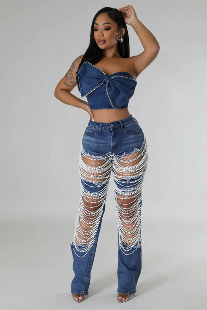 Ripped Jeans for Women Straight Pants Diamonds Chain Stretch Distressed High Waist Floor Length 2025 Streetwear Denim Trousers