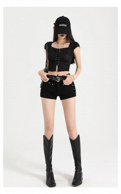 Summer Y2k Sexy Low Waist Mini Denim Shorts Women Vintage Korean Popular Girls Slight Strech Streetwear Gothic Rivet Black Jeans