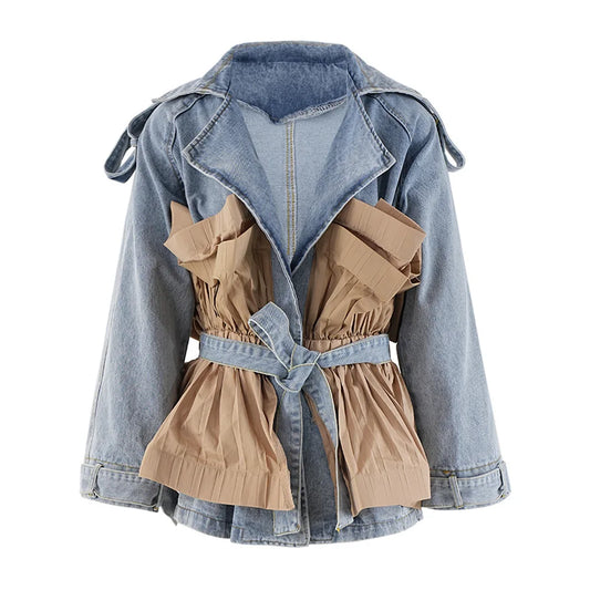 Denim Jacket for Women Ruffles Patchwork Spliced Lace Up Turn Down Collar Full Sleeve Coat Jackets 2025 Streetwear Outerwear
