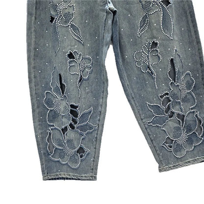 DEAT Women's Jeans Elastic Waist Hot Diamonds Flowers Hollow Out Denim Ankle-Length Harem Pants 2025 New Fashion Summer 29A1739