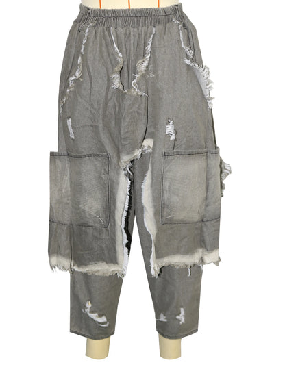 Jeans Women Harem Pants Hole Elastic Waist Tassels Washed Denim Pants Punk Y2k Streetwear 2025 Ripped Ankle Length Trousers