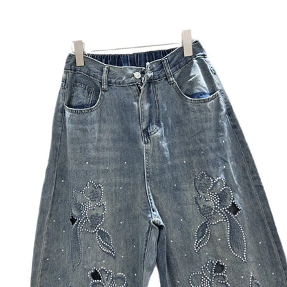 DEAT Women's Jeans Elastic Waist Hot Diamonds Flowers Hollow Out Denim Ankle-Length Harem Pants 2025 New Fashion Summer 29A1739