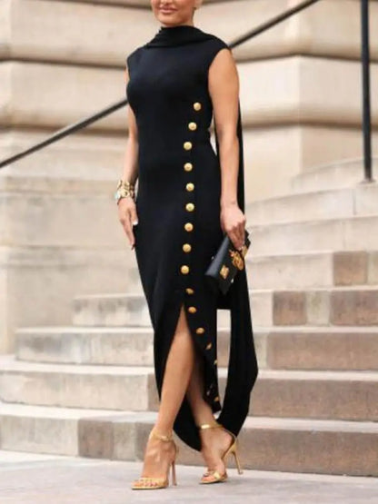 Lemongor Black White Color Buttoned Shawl Collar Evening Dresses Women 2025 New Summer Sleeveless Split-Side Casual Office Dress