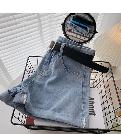 2022 New Spring Summer High-Waisted Slimming A- Line Denim Shorts Women's Loose-Fit Casual Heat Pants Rolled Edge Design