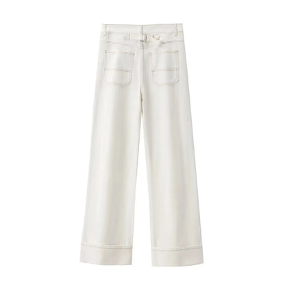 Maxdutti Vintage Loose Mom White High Waist Jeans Wide Leg Jeans Women With Contrasting Stitching Casual Trousers